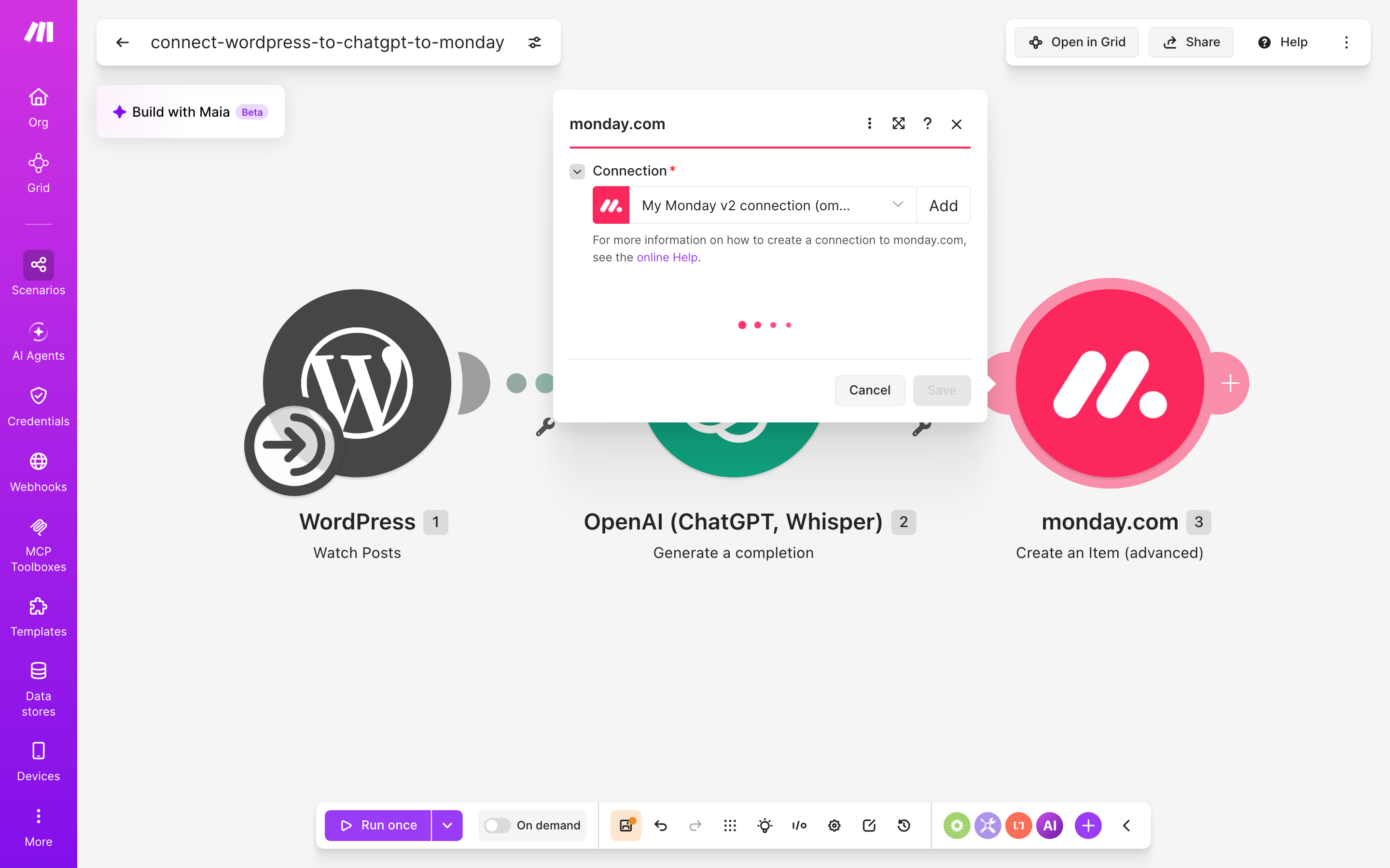 איך מחברים WordPress ל-monday.com — פוסט חדש באתר → ChatGPT מנסח בעברית → נוצר פריט בלוח 5 הגדרות המודול monday.com — Create an Item (advanced)