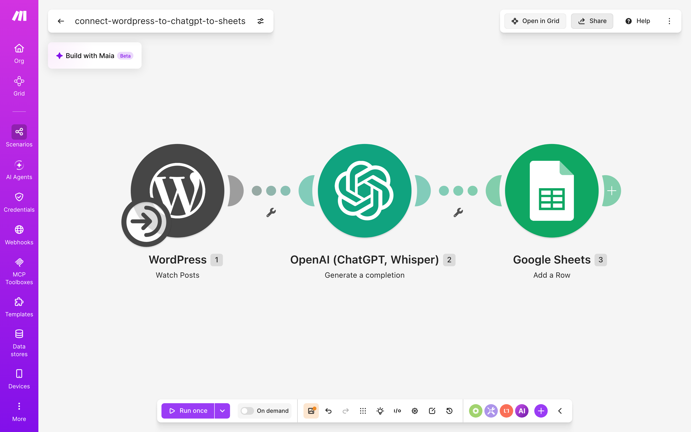 עורך התרחיש — WordPress (Watch Posts) → ChatGPT (Generate a completion) → Google Sheets (Add a Row)