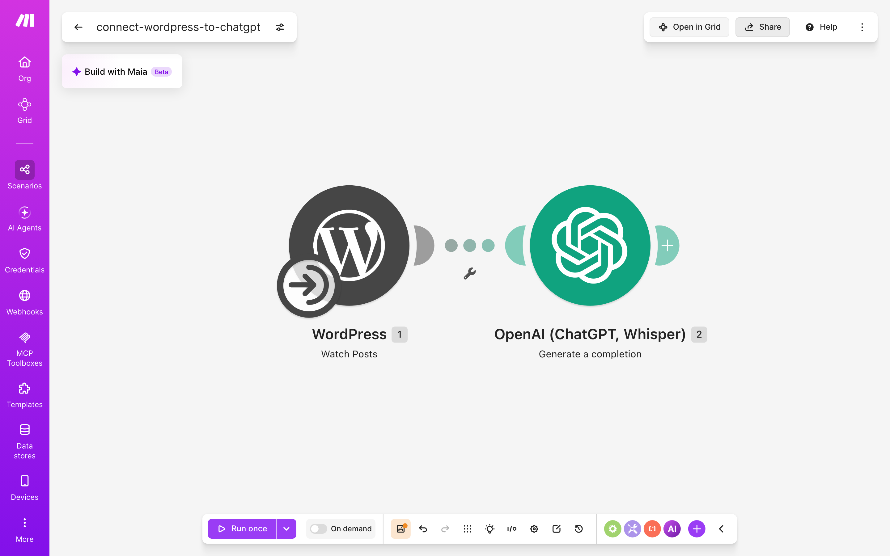 איך מחברים WordPress ל-ChatGPT — פוסט חדש באתר → ChatGPT מסכם ומנסח בעברית 2 עורך התרחיש — WordPress (Watch Posts) → ChatGPT (Generate a completion)