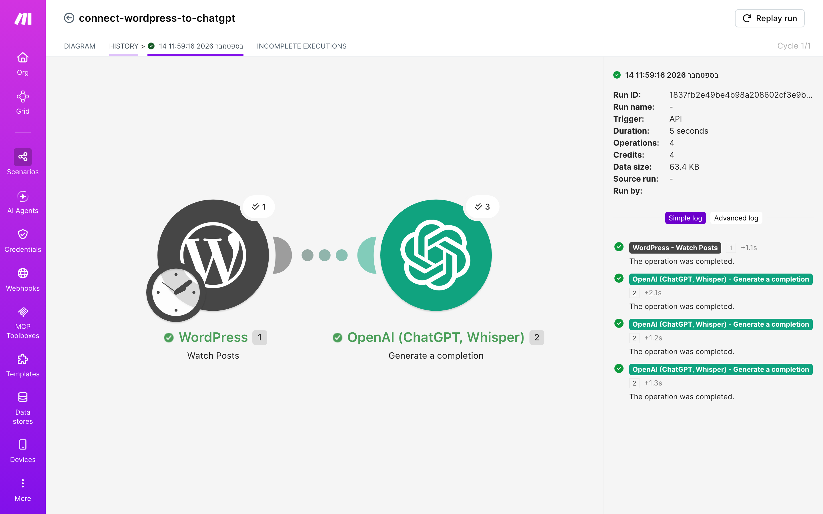 איך מחברים WordPress ל-ChatGPT — פוסט חדש באתר → ChatGPT מסכם ומנסח בעברית 5 היסטוריית-הריצות: ריצה ירוקה, 4 פעולות, 14.9.2026