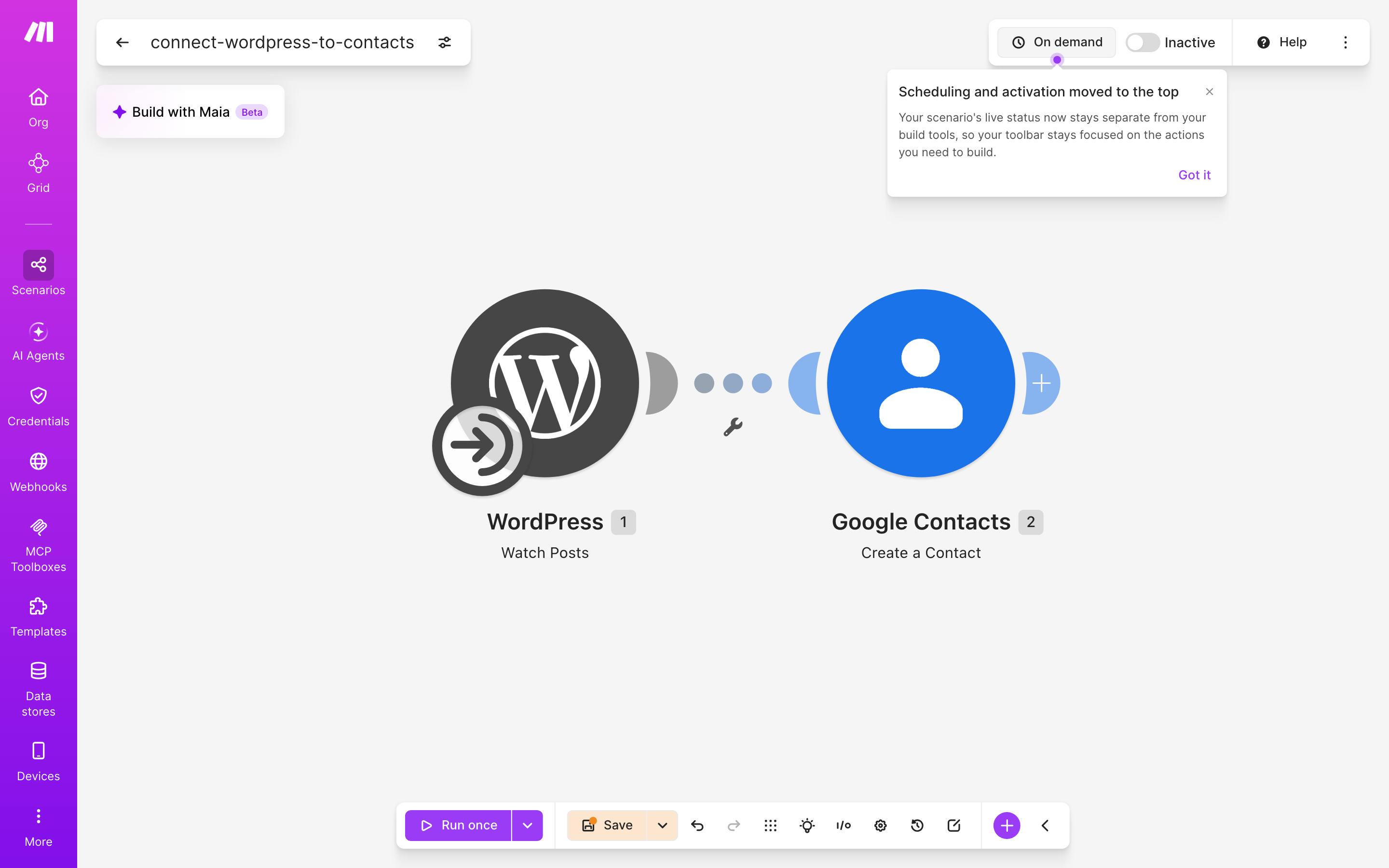 איך מחברים WordPress ל-contacts — פוסט חדש באתר → נוצר איש-קשר 2 עורך התרחיש — WordPress (Watch Posts) → google-contacts (Create Acontact)