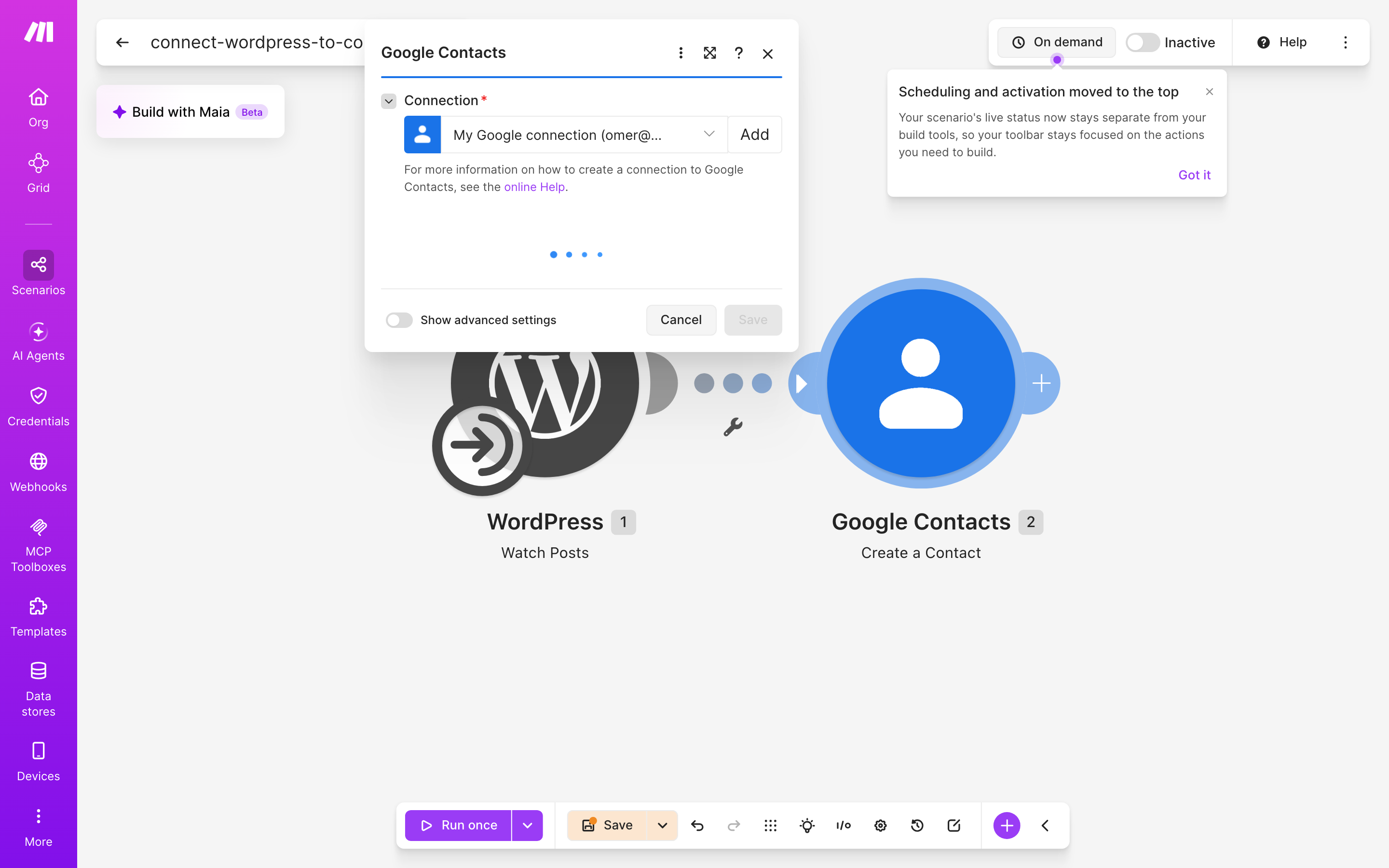 איך מחברים WordPress ל-contacts — פוסט חדש באתר → נוצר איש-קשר 4 הגדרות המודול google-contacts — Create Acontact