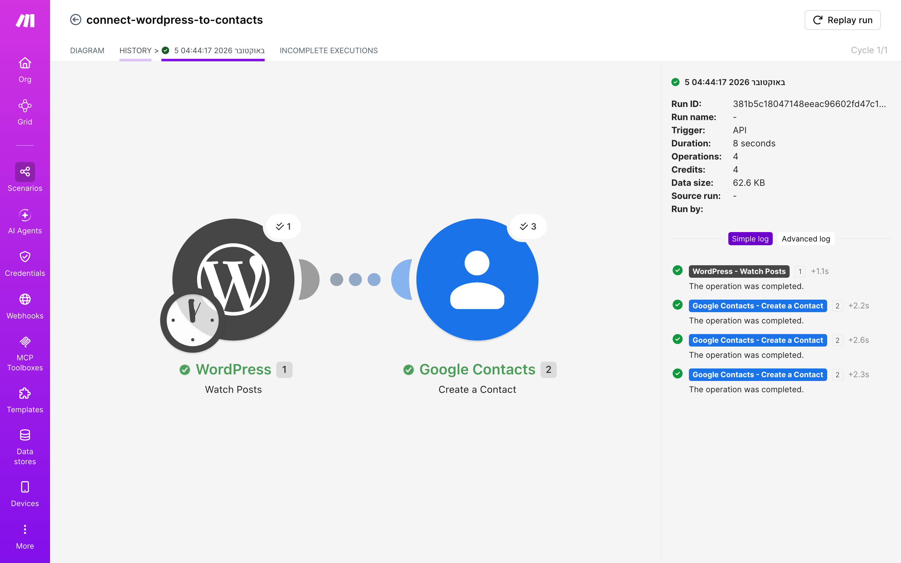 איך מחברים WordPress ל-contacts — פוסט חדש באתר → נוצר איש-קשר 5 היסטוריית-הריצות: ריצה ירוקה, 4 פעולות, 5.10.2026