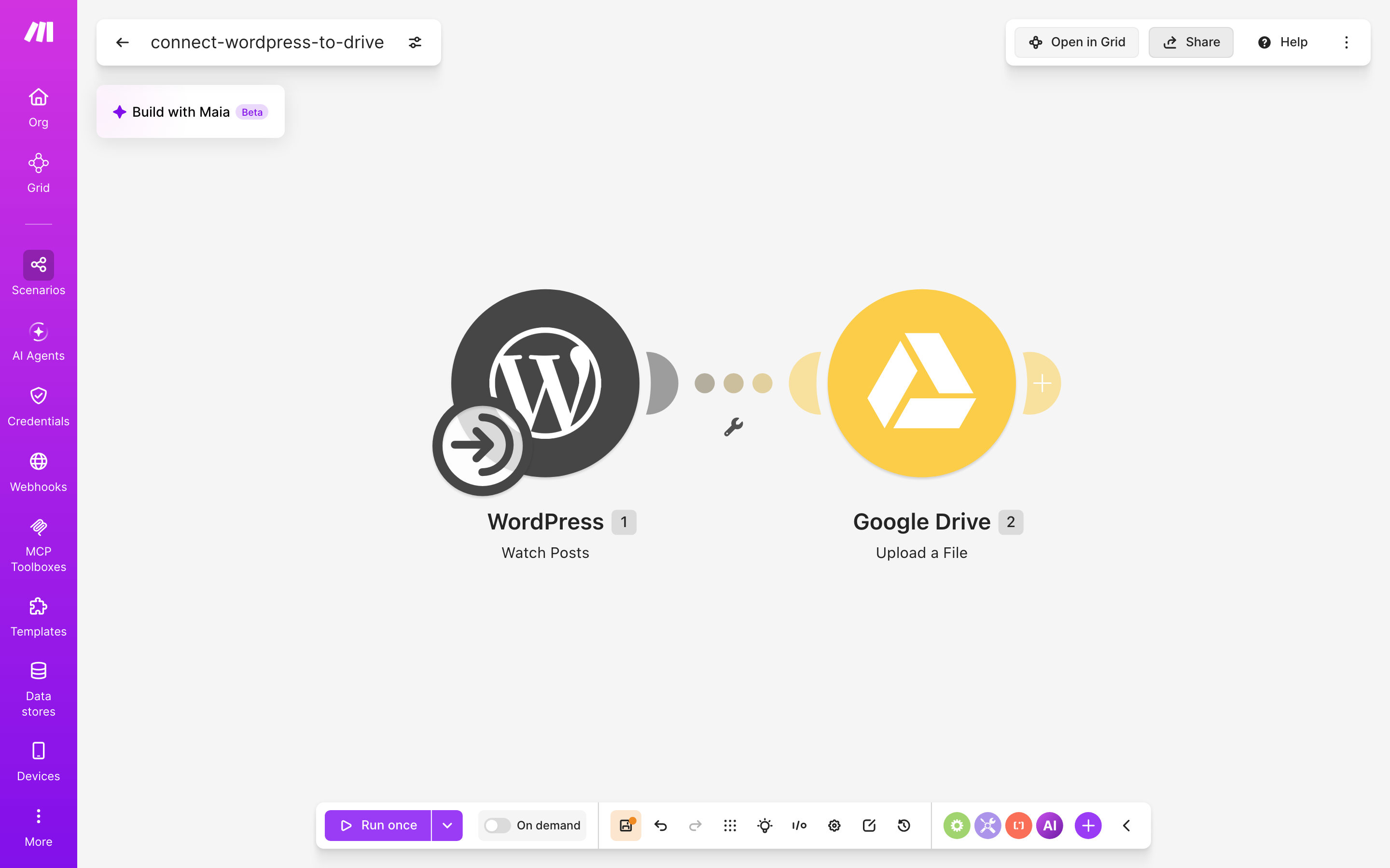 עורך התרחיש — WordPress (Watch Posts) → Google Drive (Upload a File)