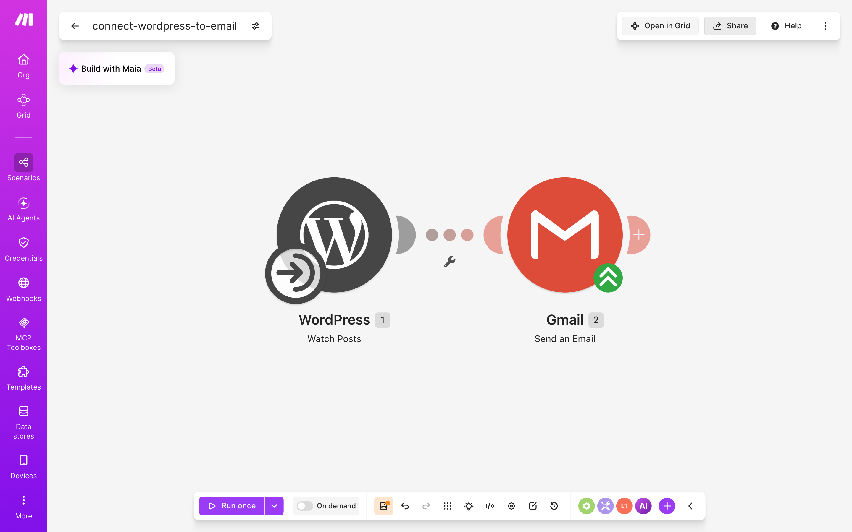 איך מחברים WordPress ל-Gmail — פוסט חדש באתר → נשלח מייל 2 עורך התרחיש — WordPress (Watch Posts) → Gmail (Send an Email)