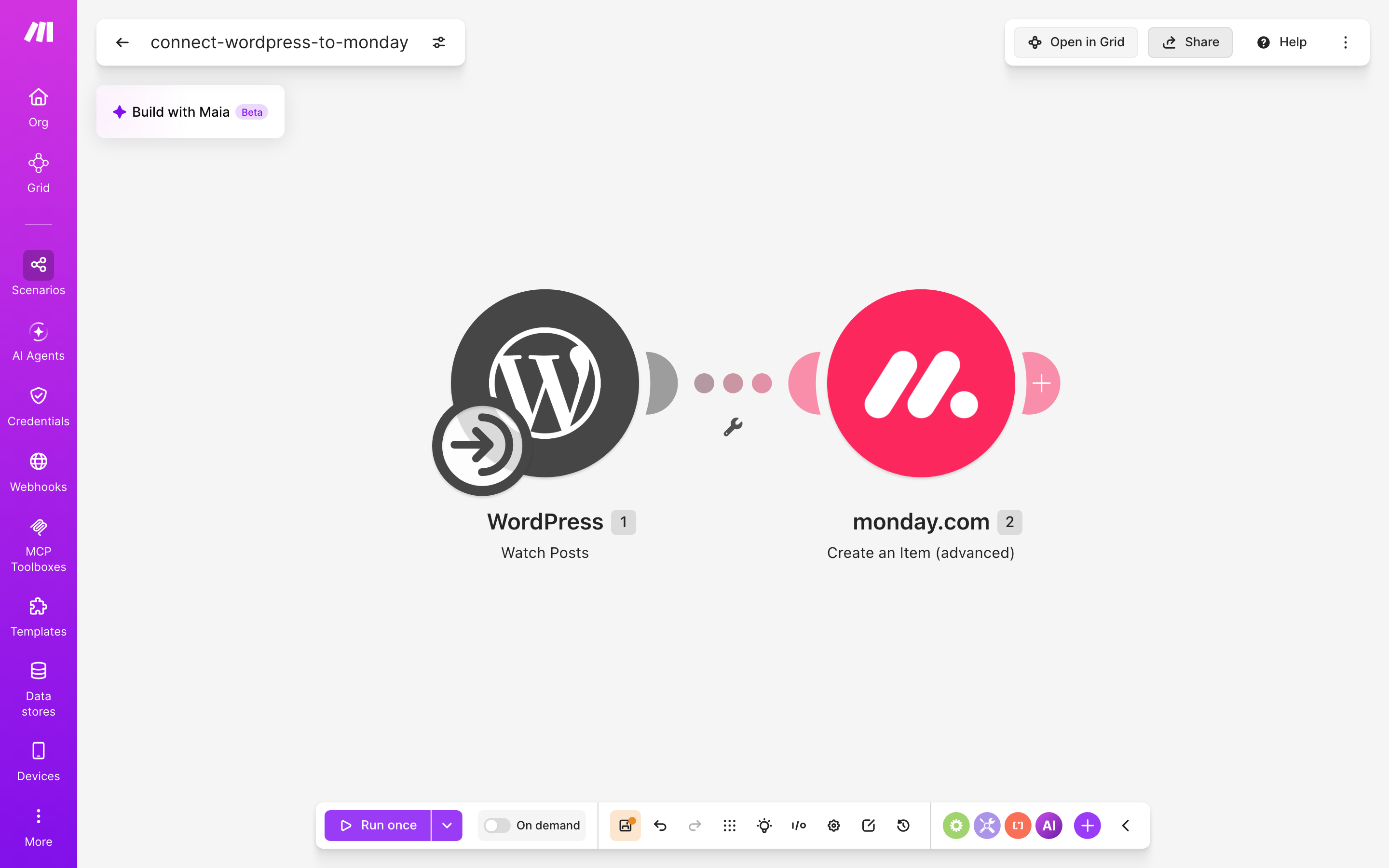 עורך התרחיש — WordPress (Watch Posts) → monday.com (Create an Item (advanced))