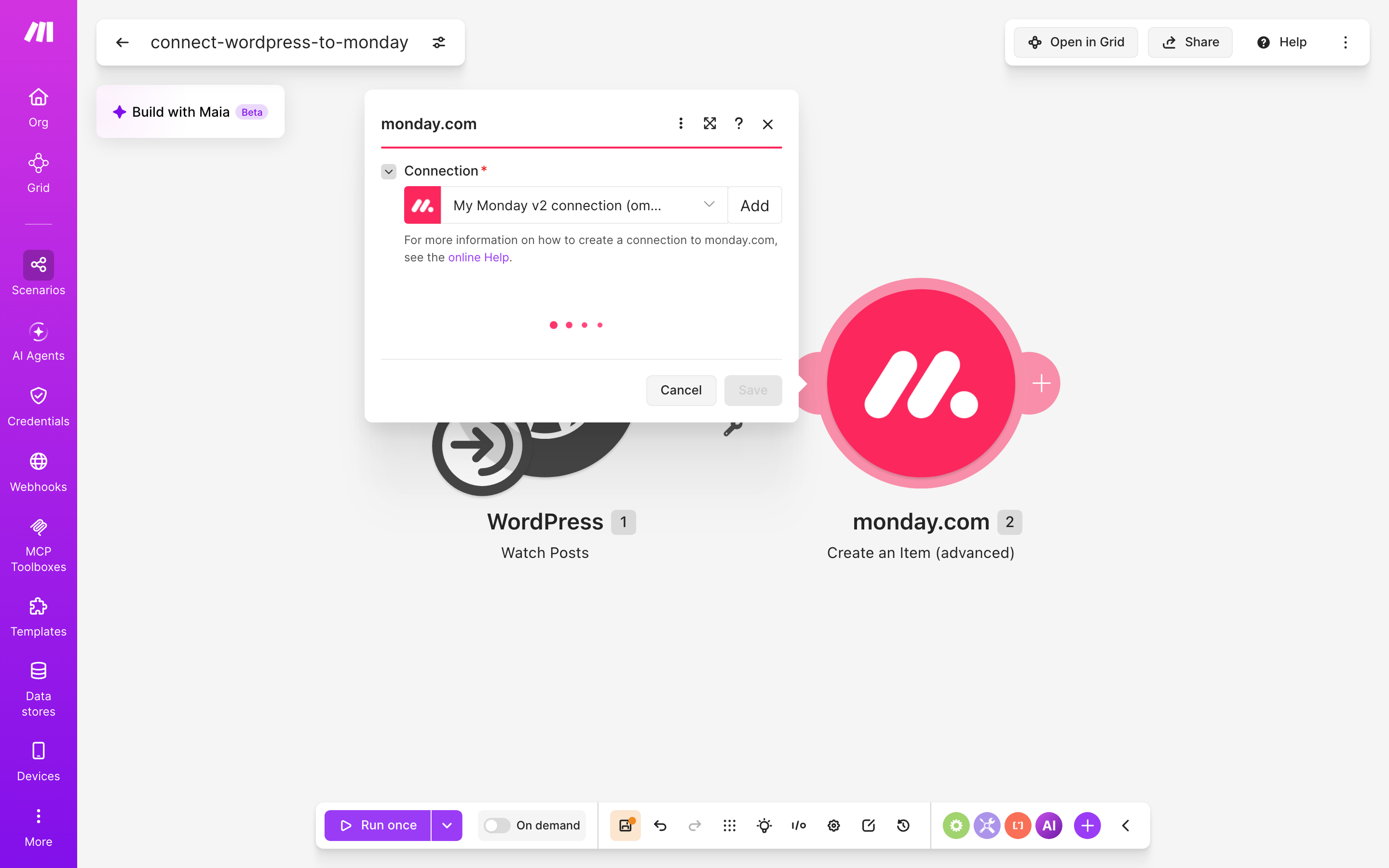 איך מחברים WordPress ל-monday.com — פוסט חדש באתר → נוצר פריט בלוח 4 הגדרות המודול monday.com — Create an Item (advanced)