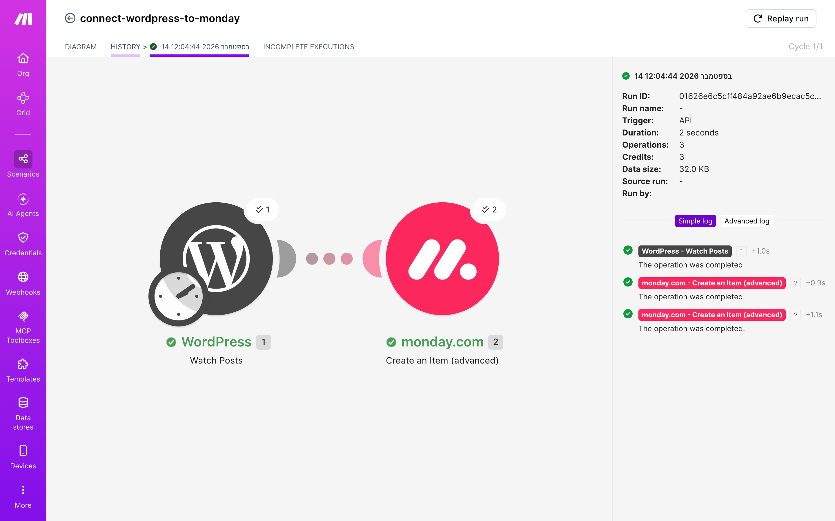 איך מחברים WordPress ל-monday.com — פוסט חדש באתר → נוצר פריט בלוח 5 היסטוריית-הריצות: ריצה ירוקה, 3 פעולות, 14.9.2026