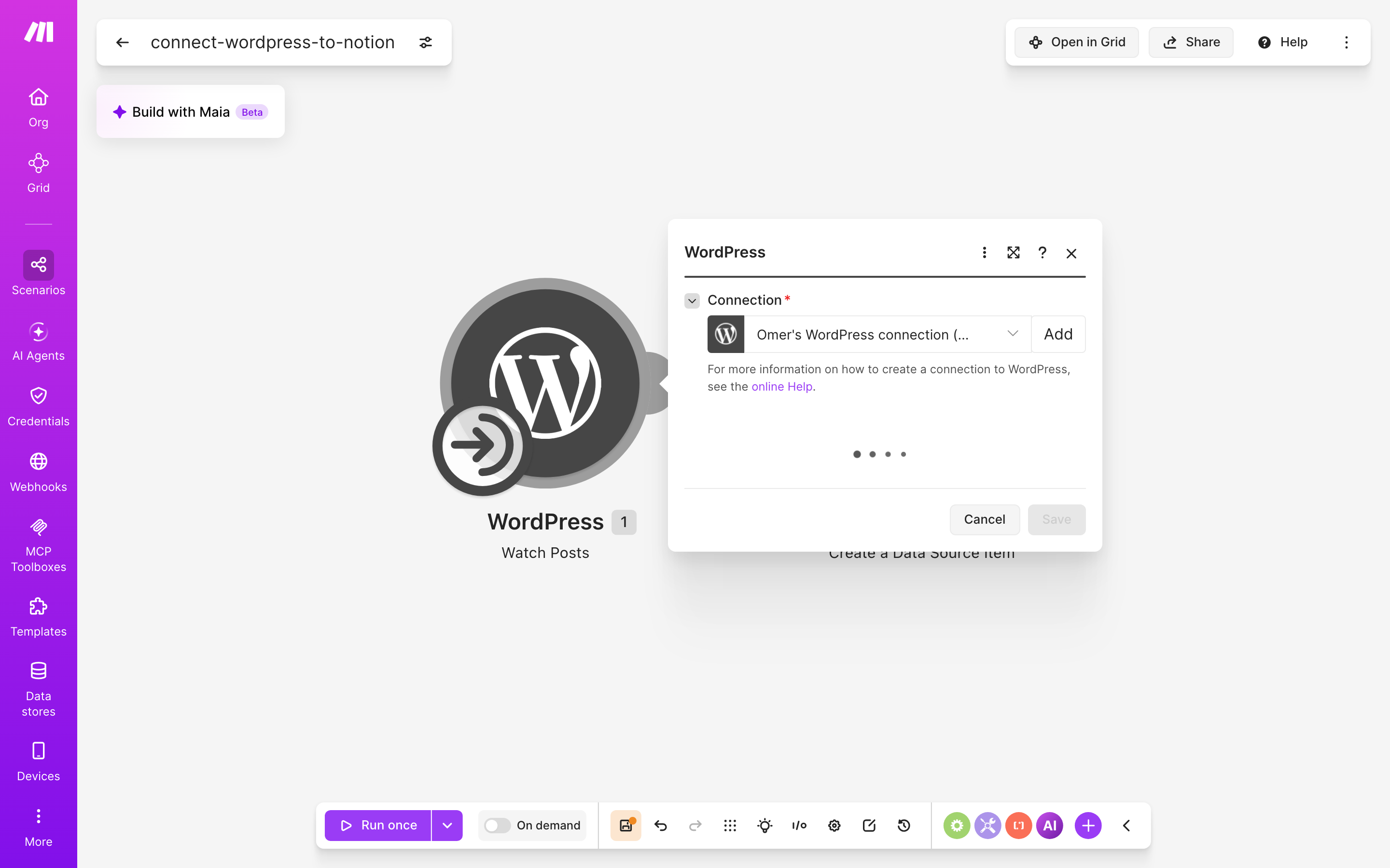 איך מחברים WordPress ל-Notion — פוסט חדש באתר → נוצר פריט בדאטהבייס 3 הגדרות המודול WordPress — Watch Posts