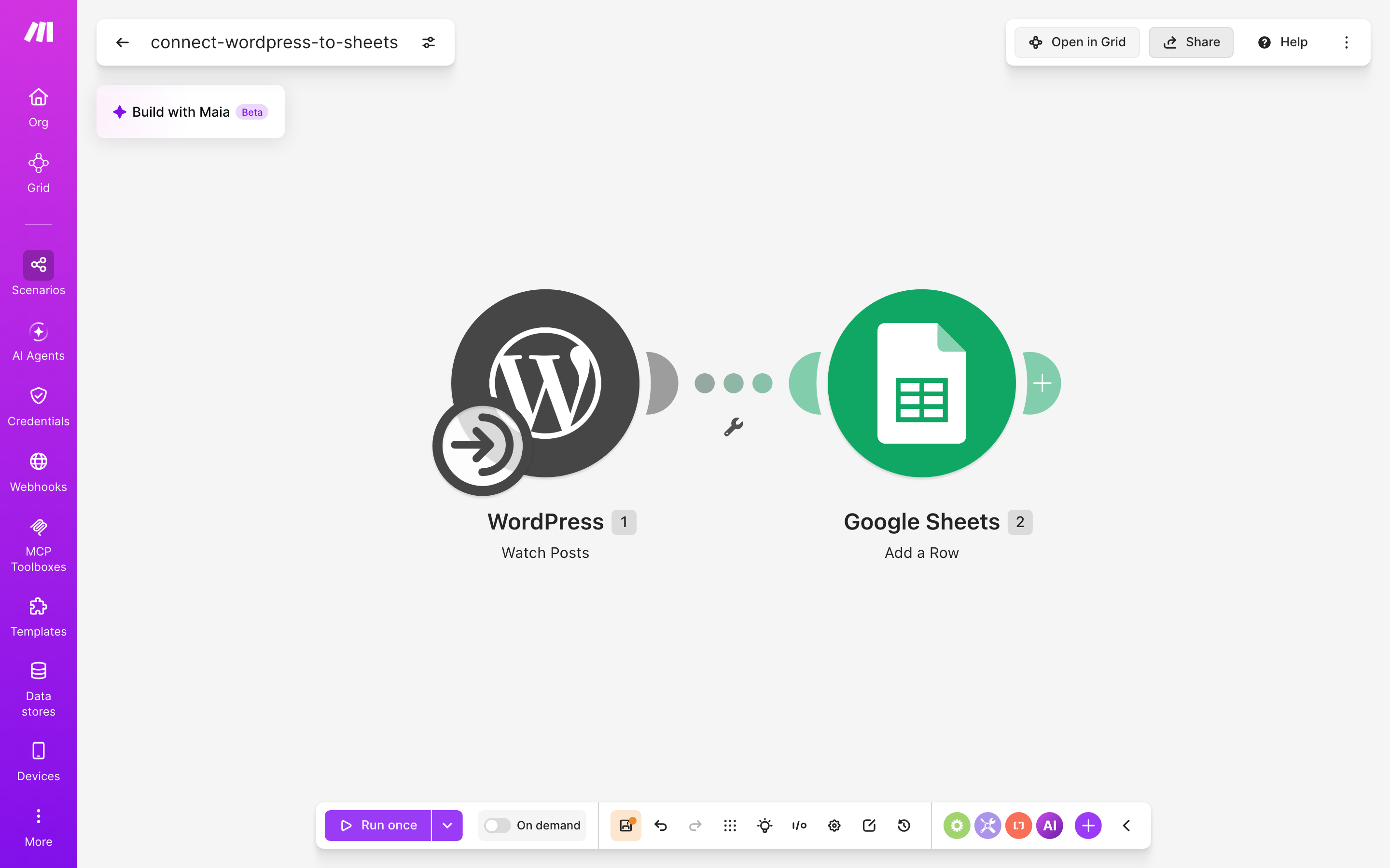 עורך התרחיש — WordPress (Watch Posts) → Google Sheets (Add a Row)