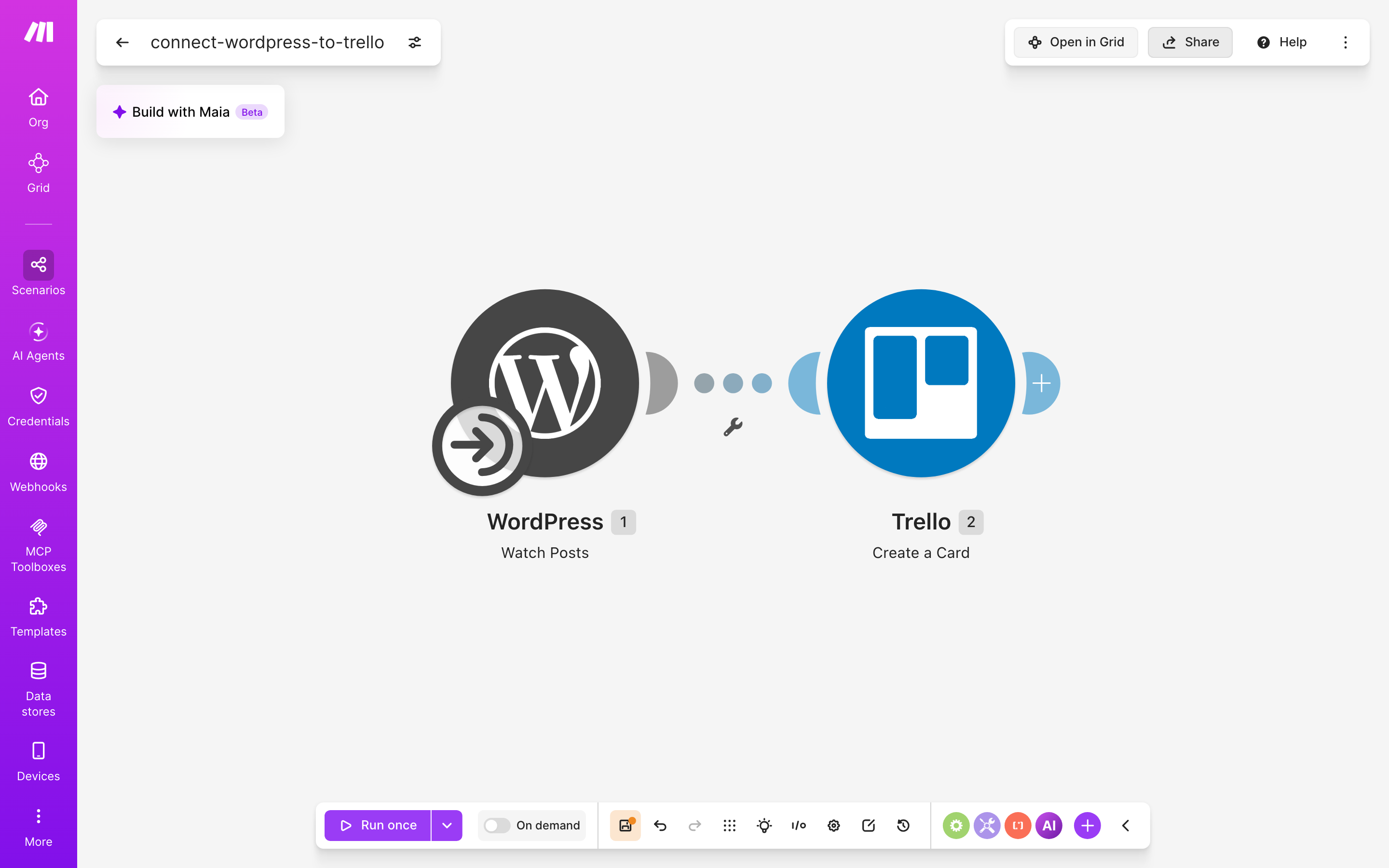 איך מחברים WordPress ל-Trello — פוסט חדש באתר → נוצר כרטיס בלוח 2 עורך התרחיש — WordPress (Watch Posts) → Trello (Create a Card)