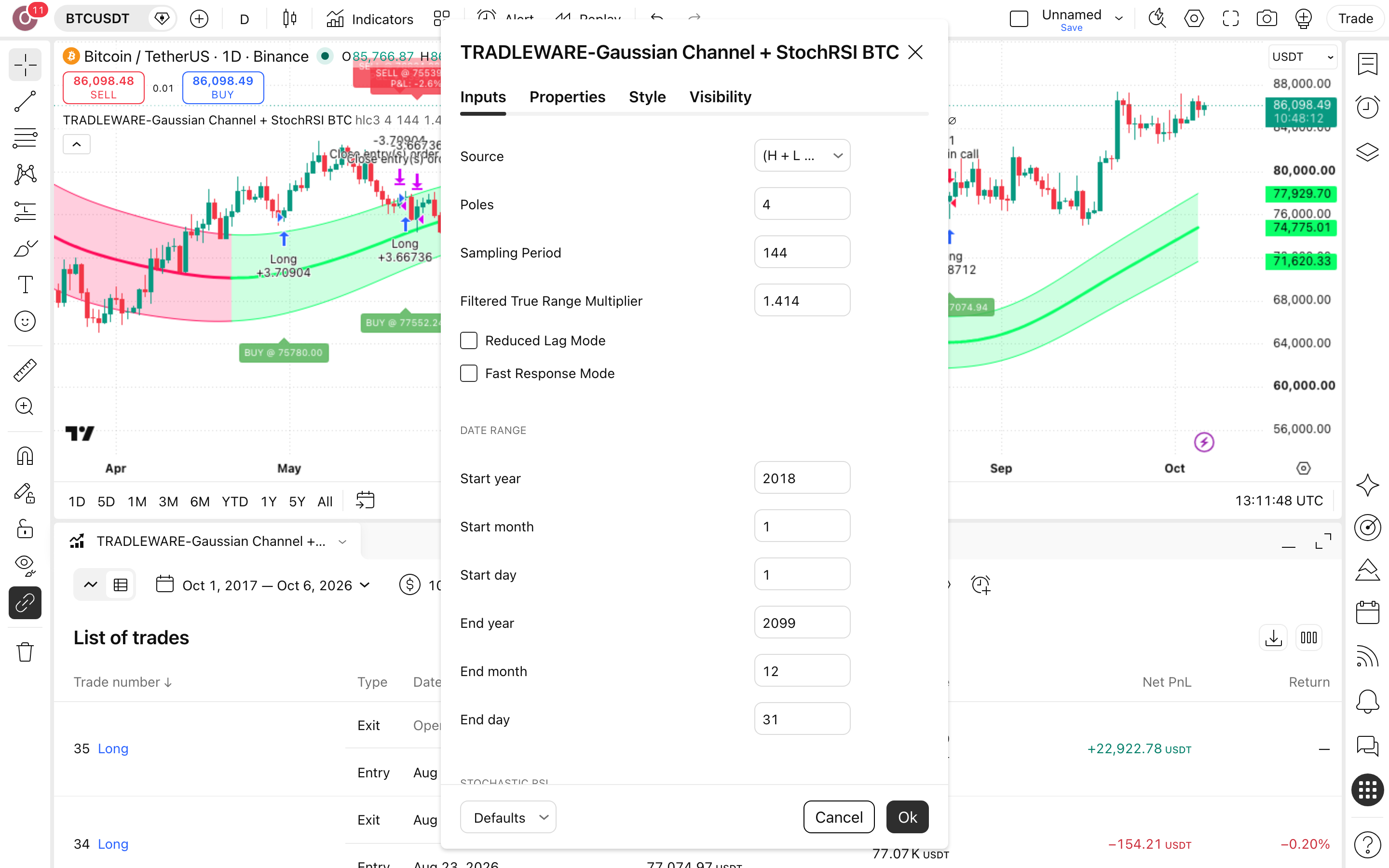 TRADLEWARE-Gaussian Channel: ערוץ גאוסי ומסנן מומנטום בביטקוין 2 חלון ההגדרות של TRADLEWARE-Gaussian Channel + StochRSI BTC: לשונית Inputs כפי שהורצה