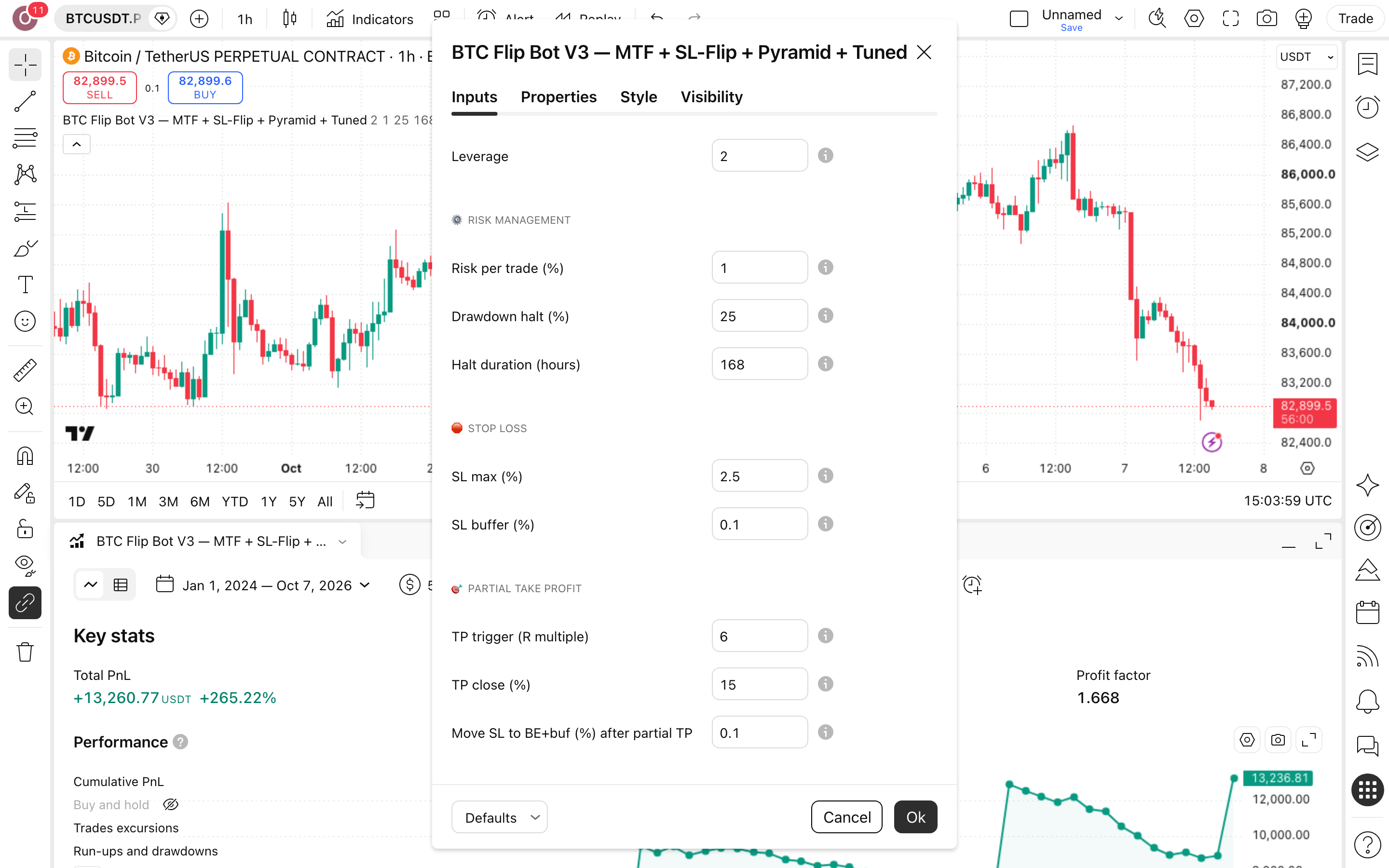 BTC MTF Engulfing Flip: מעקב-מגמה עם היפוך-סטופ ופירמידה בביטקוין 2 חלון ההגדרות של BTC MTF Engulfing Flip + Pyramid Strategy (1H, 2X): לשונית Inputs כפי שהורצה