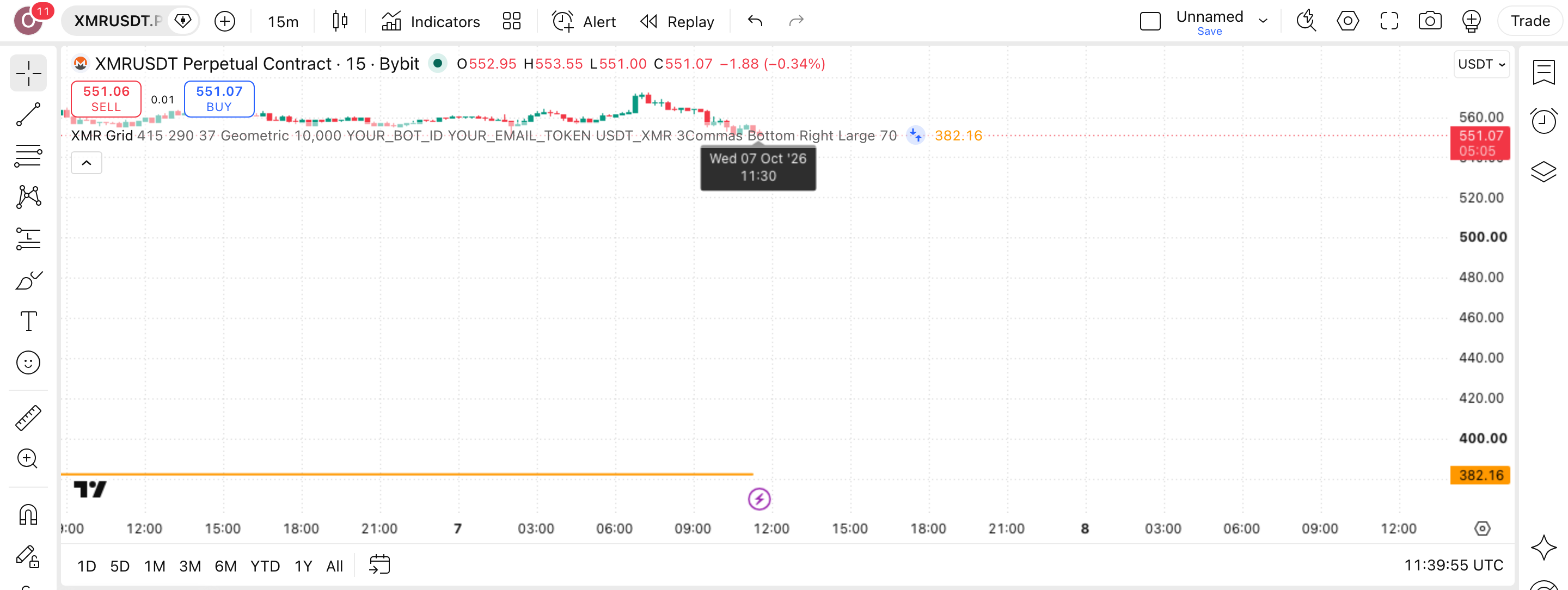 XMR Grid Bot - Long Strategy: רשת קניות קבועה על XMR 1 הגרף של XMRUSDT.P (XMRUSDT.P) בנר 15 דקות עם XMR Grid Bot - Long Strategy פעיל — עסקה אמיתית מרשימת-העסקאות מסומנת על הגרף, כפי שהסקריפט מסמן אותה
