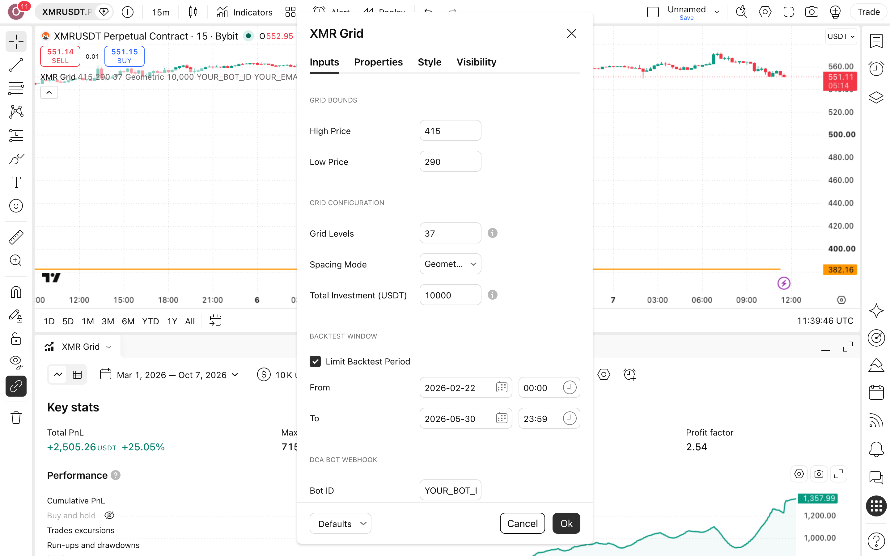 XMR Grid Bot - Long Strategy: רשת קניות קבועה על XMR 2 חלון ההגדרות של XMR Grid Bot - Long Strategy: לשונית Inputs כפי שהורצה