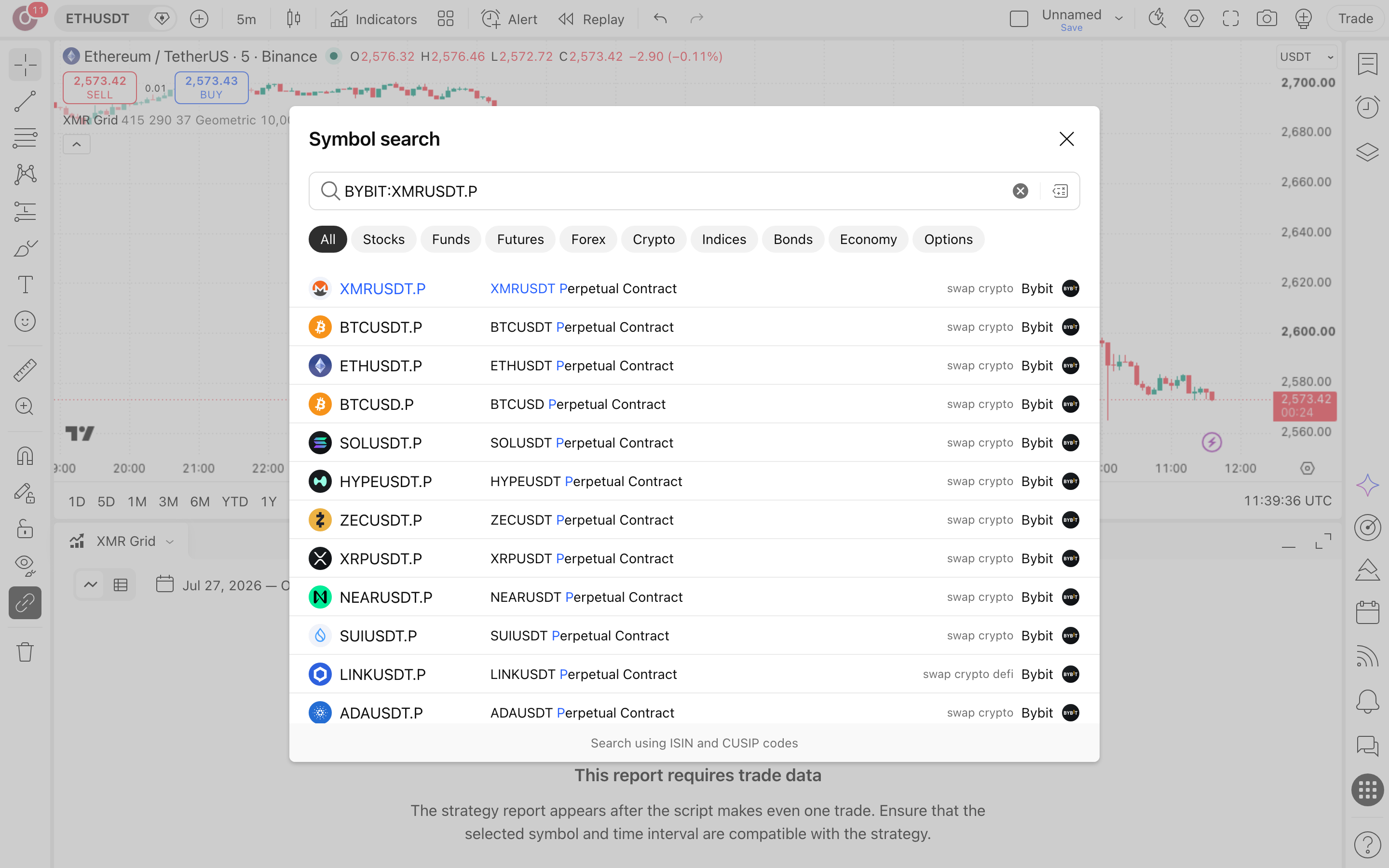 XMR Grid Bot - Long Strategy: רשת קניות קבועה על XMR 4 חיפוש הסימבול XMRUSDT.P ובחירת נר 15 דקות בגרף