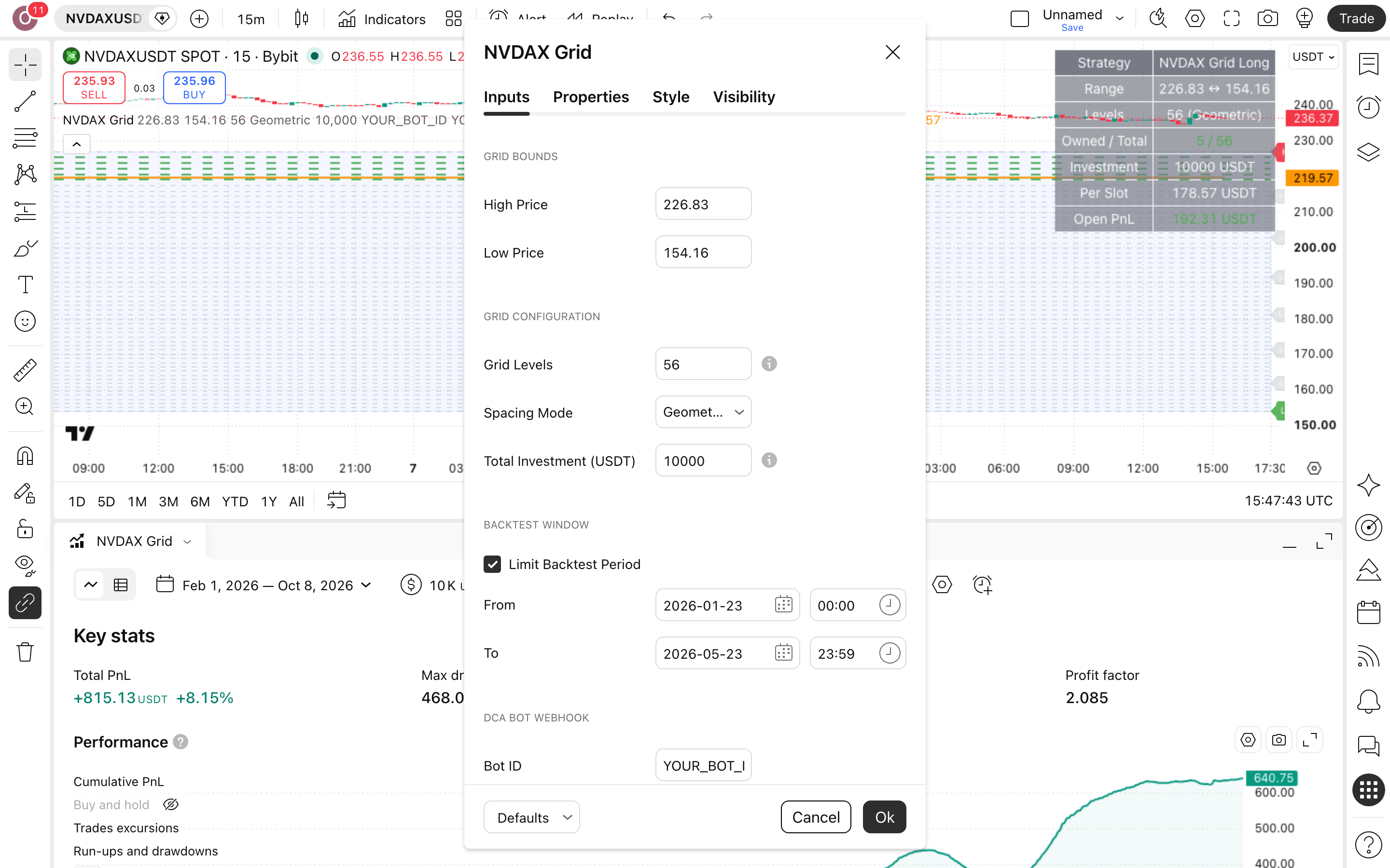 NVDAX Grid Bot - Long Strategy: רשת קנייה בין שני גבולות קבועים 2 חלון ההגדרות של NVDAX Grid Bot - Long Strategy: לשונית Inputs כפי שהורצה
