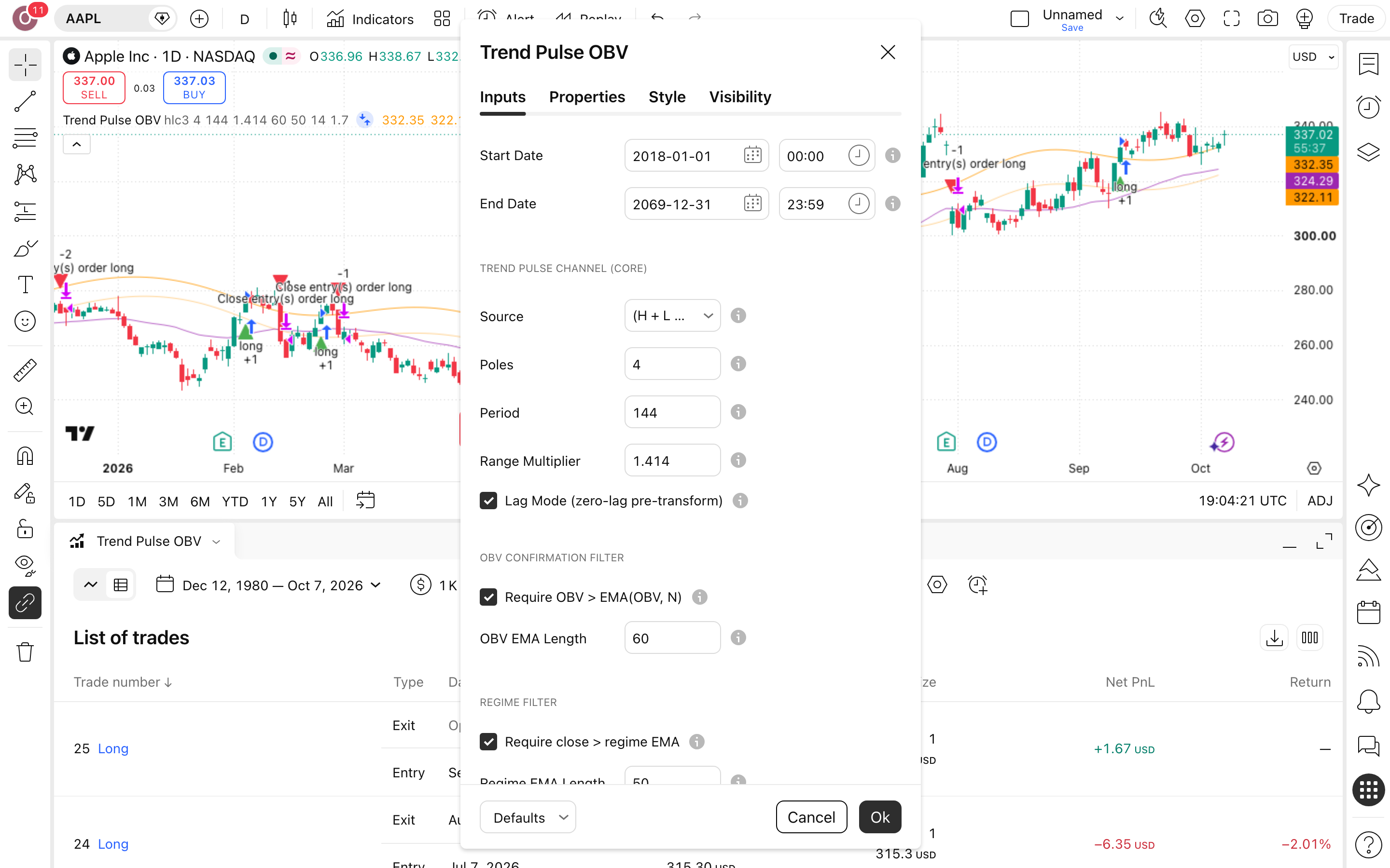 Trend Pulse OBV: פריצת ערוץ-מגמה שמאושרת בזרימת נפח 2 חלון ההגדרות של Trend Pulse OBV: לשונית Inputs כפי שהורצה