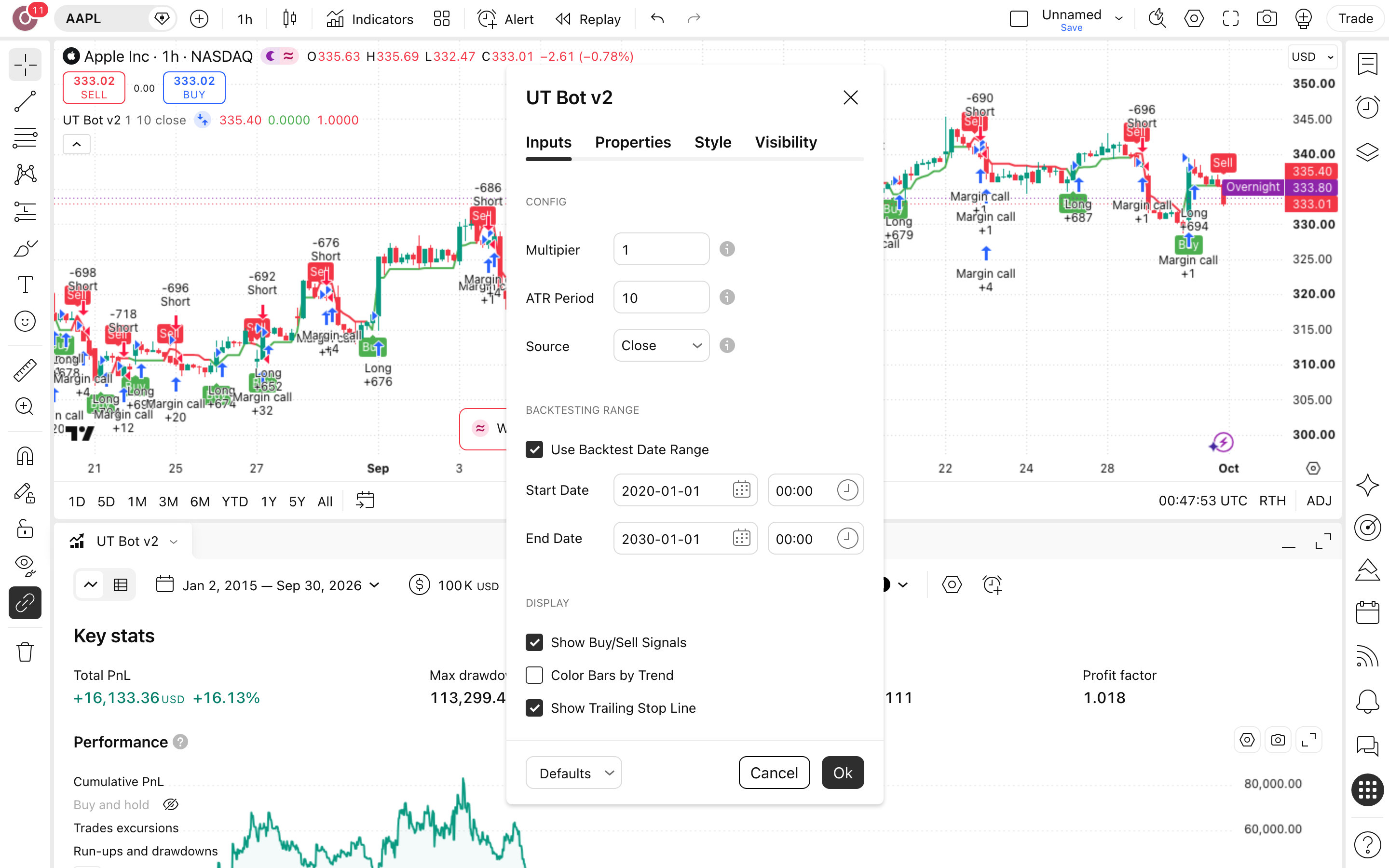 UT Bot - ATR Trailing Stop: שובל ATR שמתהפך בין לונג לשורט 2 חלון ההגדרות של UT Bot v2 - ATR Trailing Stop: לשונית Inputs כפי שהורצה
