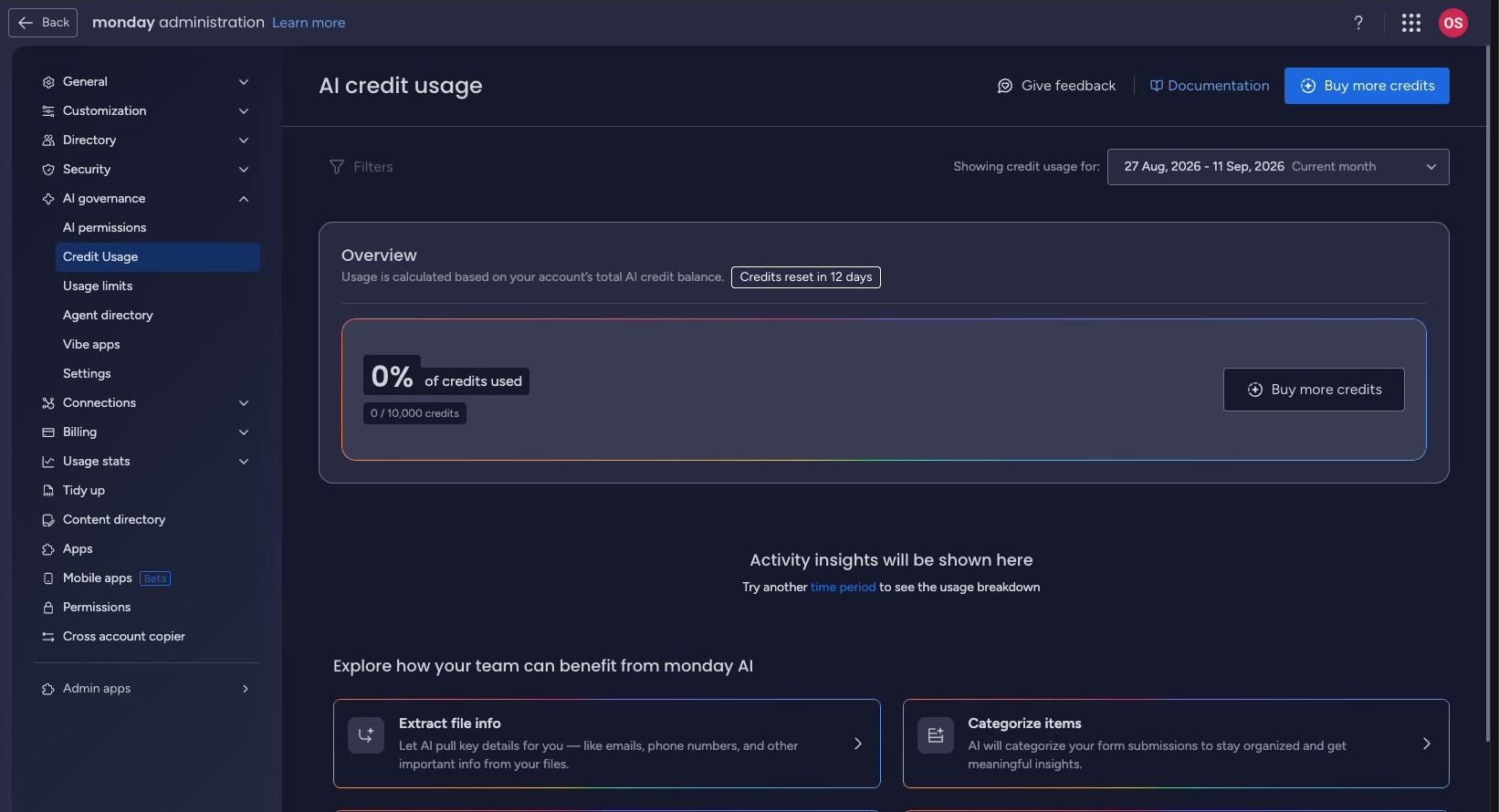 מה ה-AI של מאנדיי לא יעשה בשבילך 4 מסך AI credit usage — מונה השימוש בקרדיטים (מתוך חשבון הדגמה)