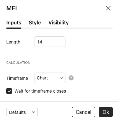 מה זה MFI: מודד כמה כסף ליווה את המחיר 5 מסך ההגדרות של MFI ב-TradingView