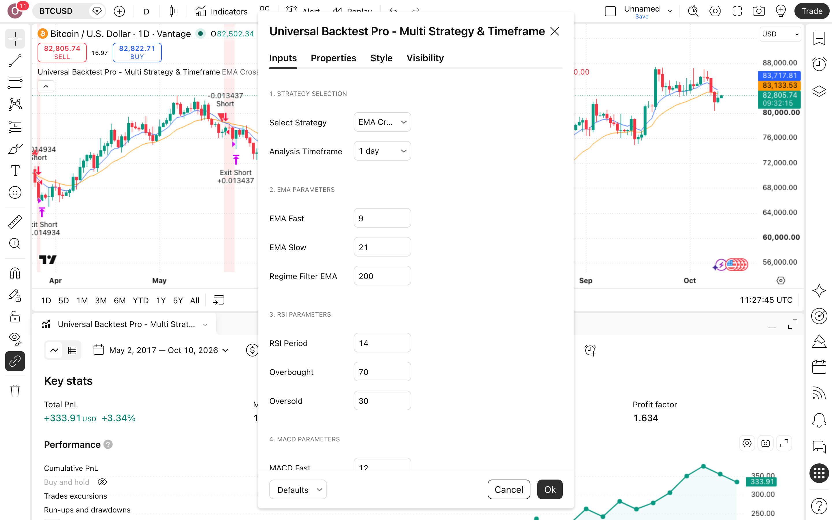 Universal Backtest Pro - Multi Strategy & Timeframe by mucis: סורק אסטרטגיות שמחפש את ההגדרה הטובה 2 חלון ההגדרות של Universal Backtest Pro - Multi Strategy & Timeframe by mucis: לשונית Inputs כפי שהורצה
