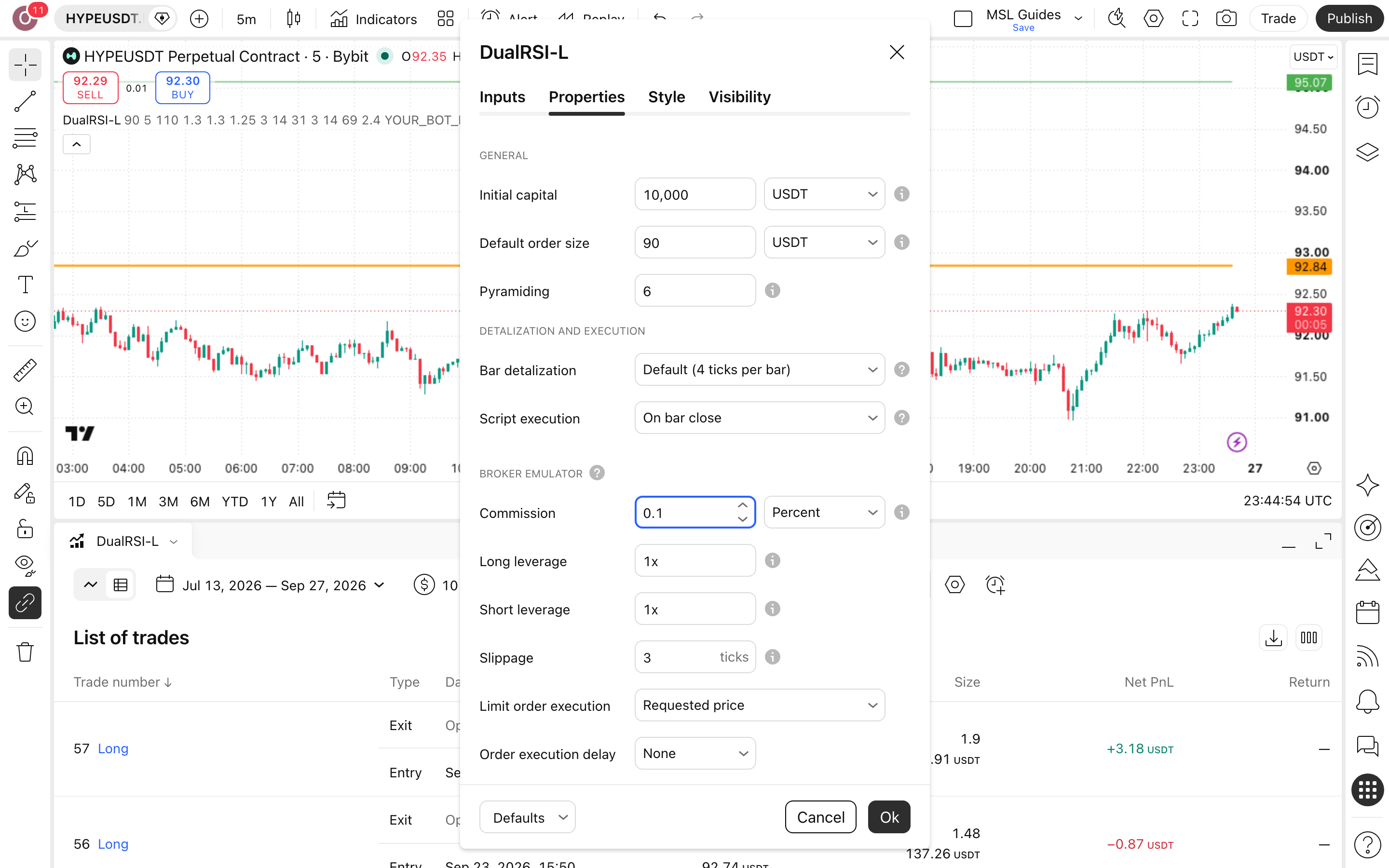Dual RSI DCA - Long Strategy: מיצוע לונג בין שני ספי RSI 6 לשונית Properties: Initial capital = 10,000 ו-Commission = 0.1%