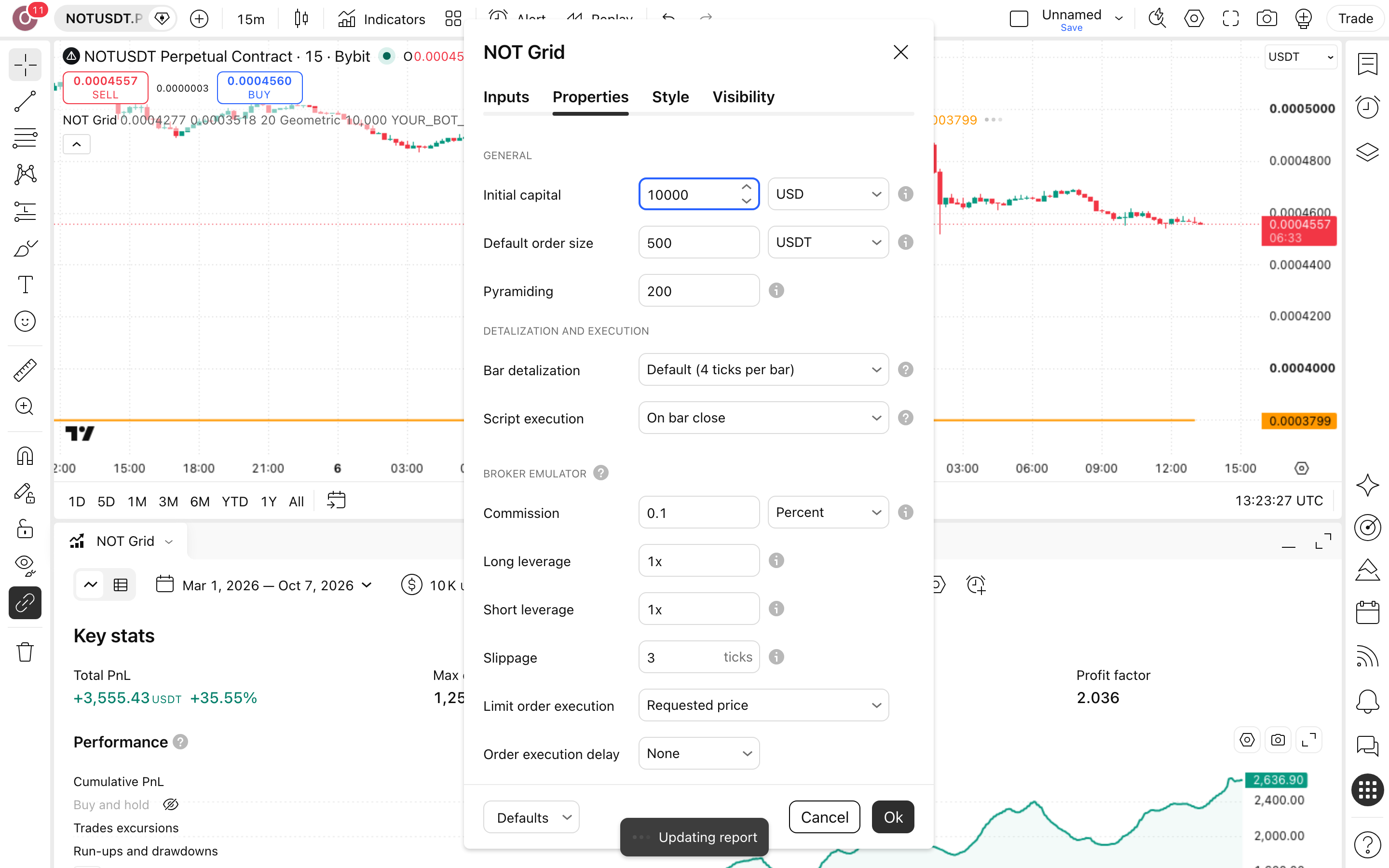 NOT Grid Bot - Long Strategy: רשת לונג בין שני גבולות קבועים 6 לשונית Properties: Initial capital = 10,000 ו-Commission = 0.1%