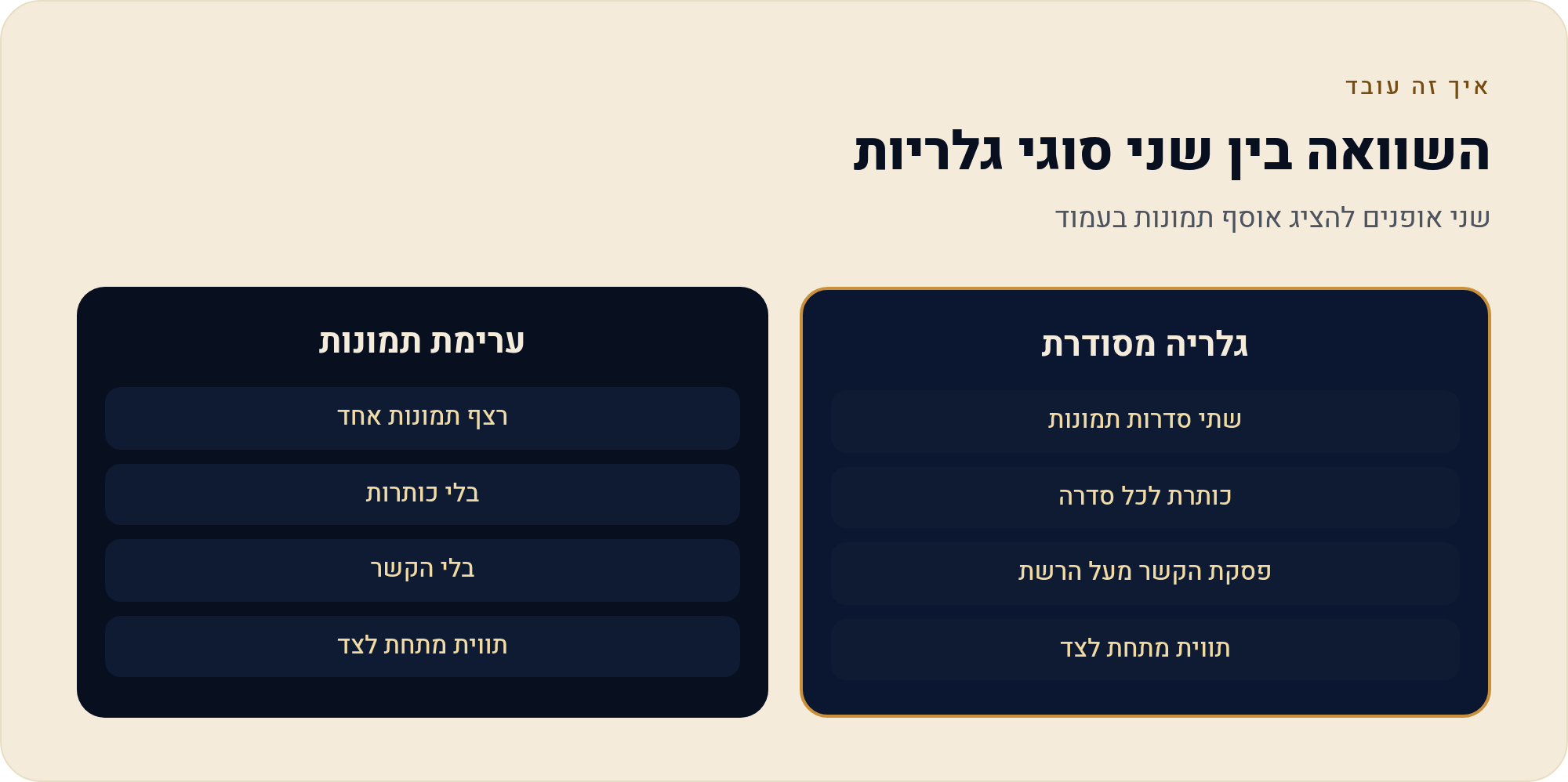 אתר לאמן שמציג גלריה ומוכר עבודות 2 שני אופנים להציג אוסף תמונות בעמוד