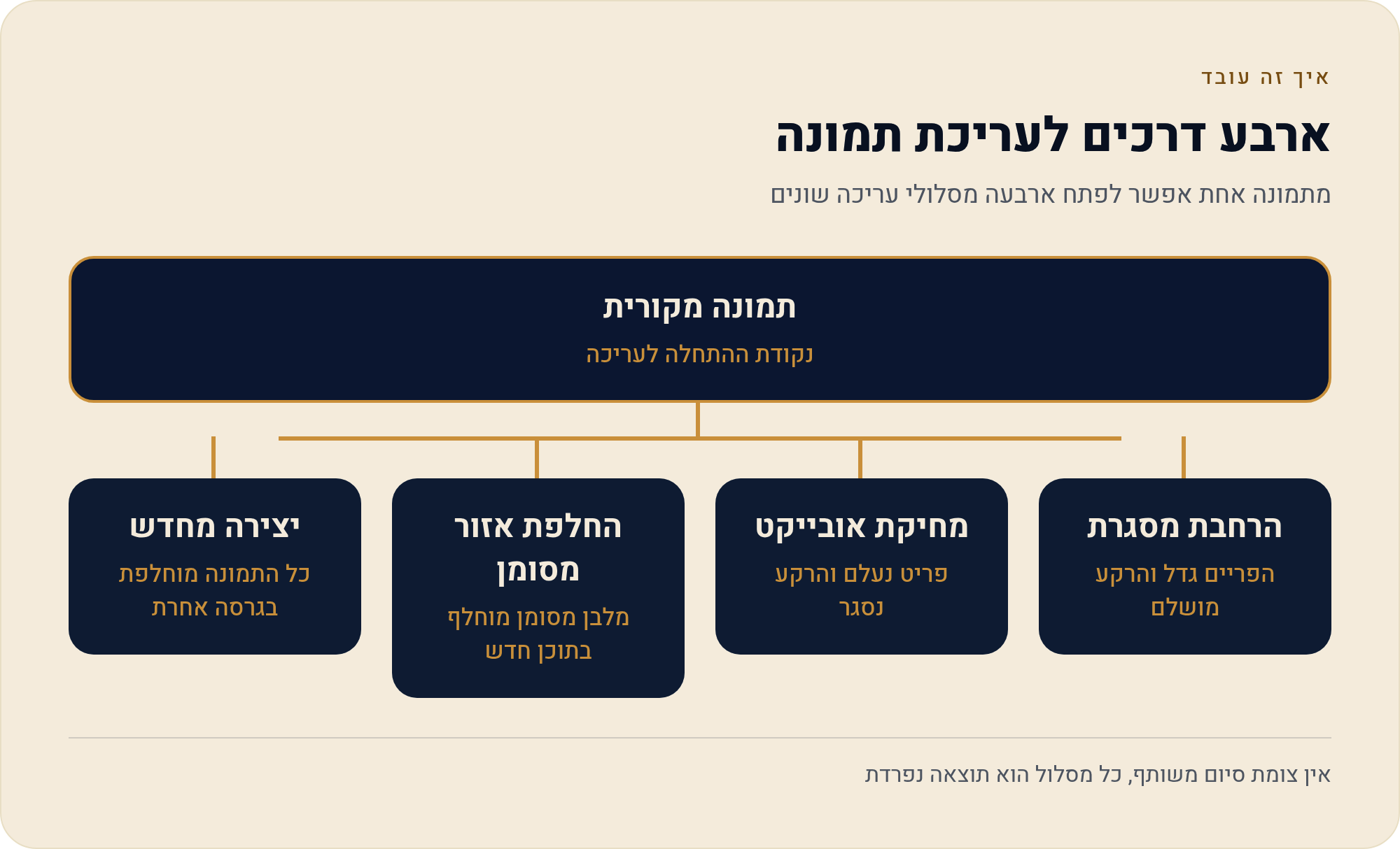 עריכת תמונה בוויקס: ארבעת כלי ה-AI ומה עדיין בניסיון 1 מתמונה אחת אפשר לפתח ארבעה מסלולי עריכה שונים