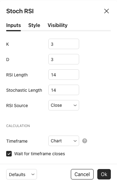 מה זה Stochastic RSI: מדידת המומנטום של המומנטום עצמו 5 מסך ההגדרות של Stochastic RSI ב-TradingView