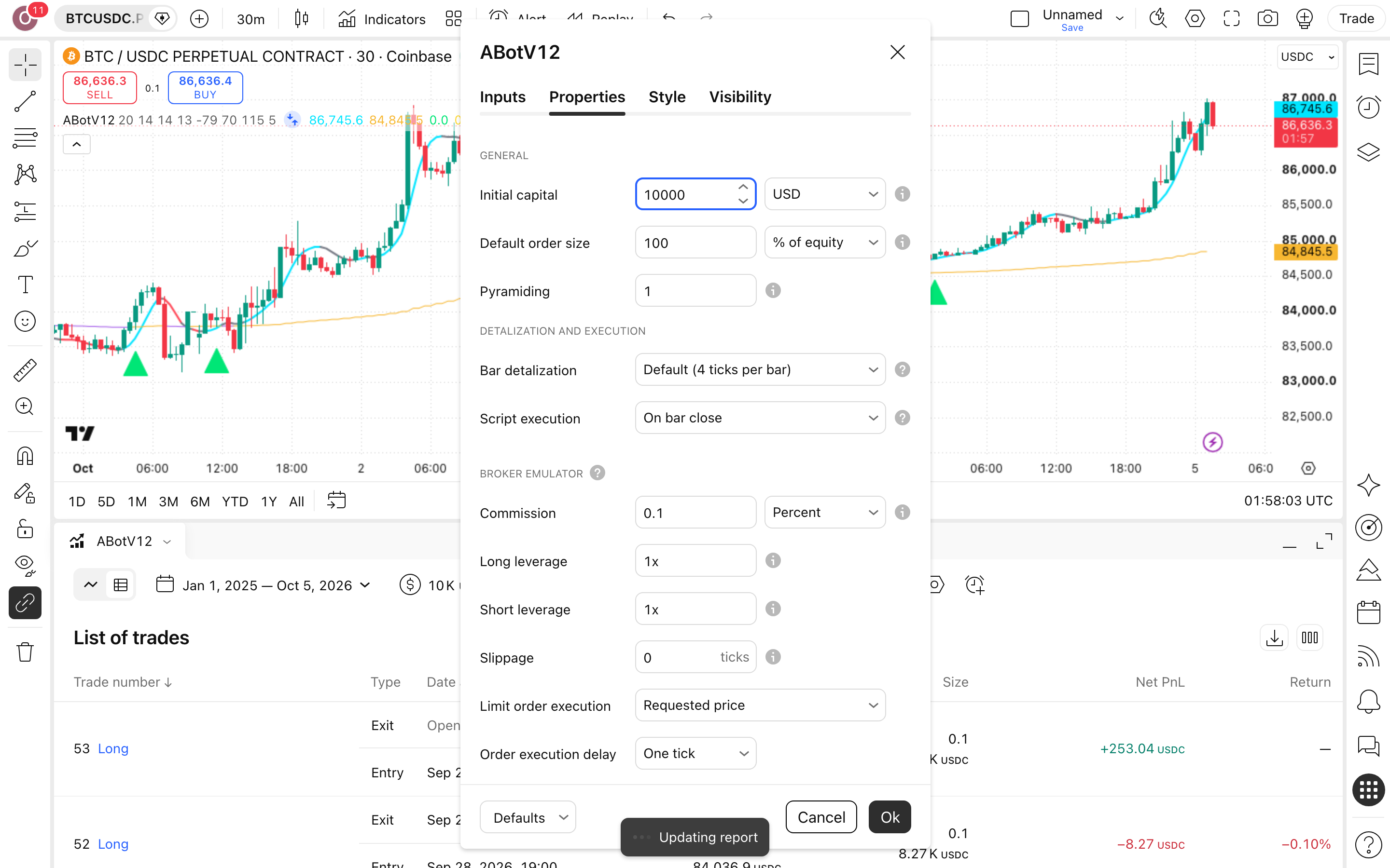 AutoTrade Bot: מעקב-מגמה בביטקוין עם מסנן שעתי 6 לשונית Properties: Initial capital = 10,000 ו-Commission = 0.1%