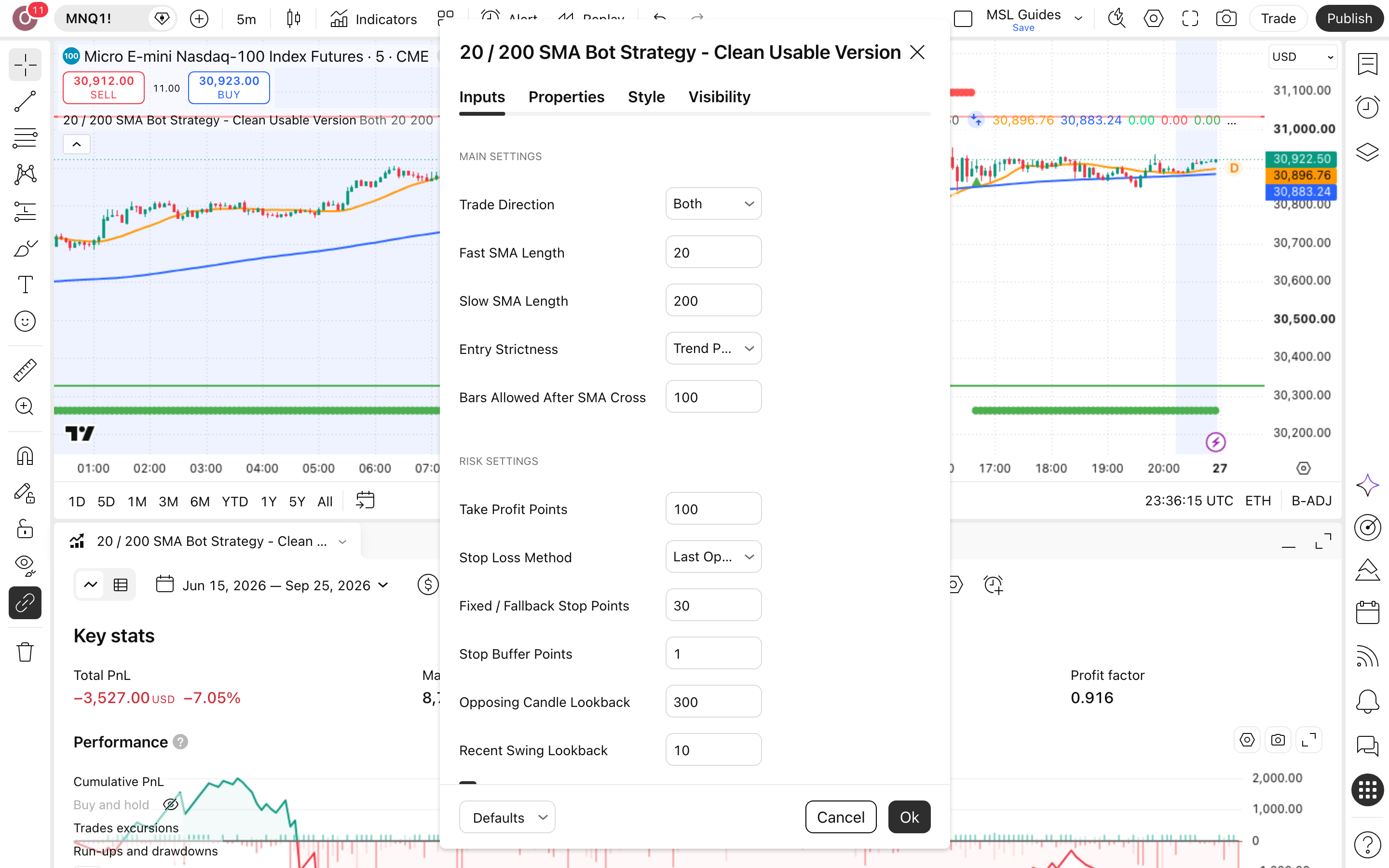20 / 200 SMA Strategy: מעקב-מגמה בחציית ממוצע מהיר ואיטי 2 חלון ההגדרות של 20 / 200 SMA Strategy -: לשונית Inputs כפי שהורצה