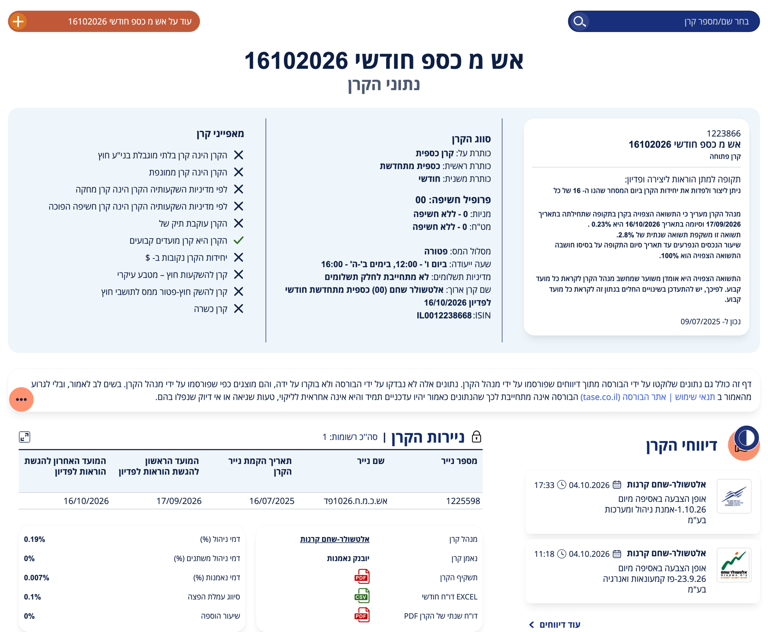 דף של קרן כספית במאי"ה, מערכת הדיווחים של הבורסה — דמי הניהול ודמי הנאמנות של הקרן