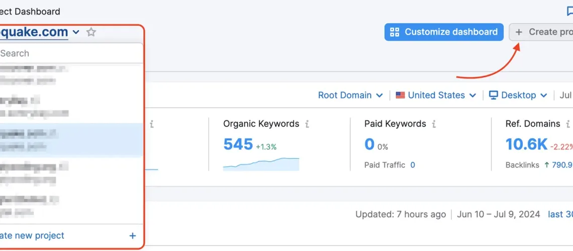 Project Dashboard with a red rectangle in the top-left corner showing where the projects are, and an arrow pointing to the Create project button in top right corner.